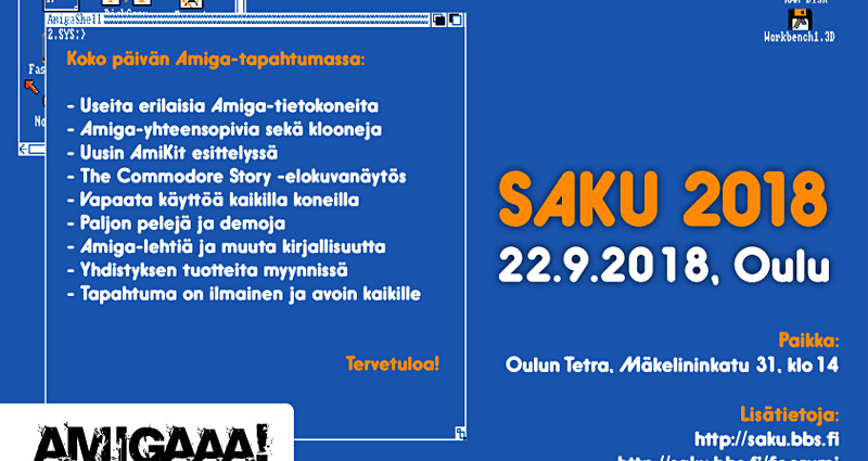 Saku 2018 Amiga User Group Event in Oulu Finland on 22nd September from 14.00 to Midnight
