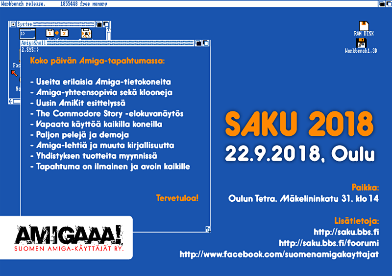 Saku 2018 Amiga User Group Event in Oulu Finland on 22nd September from 14.00 to Midnight